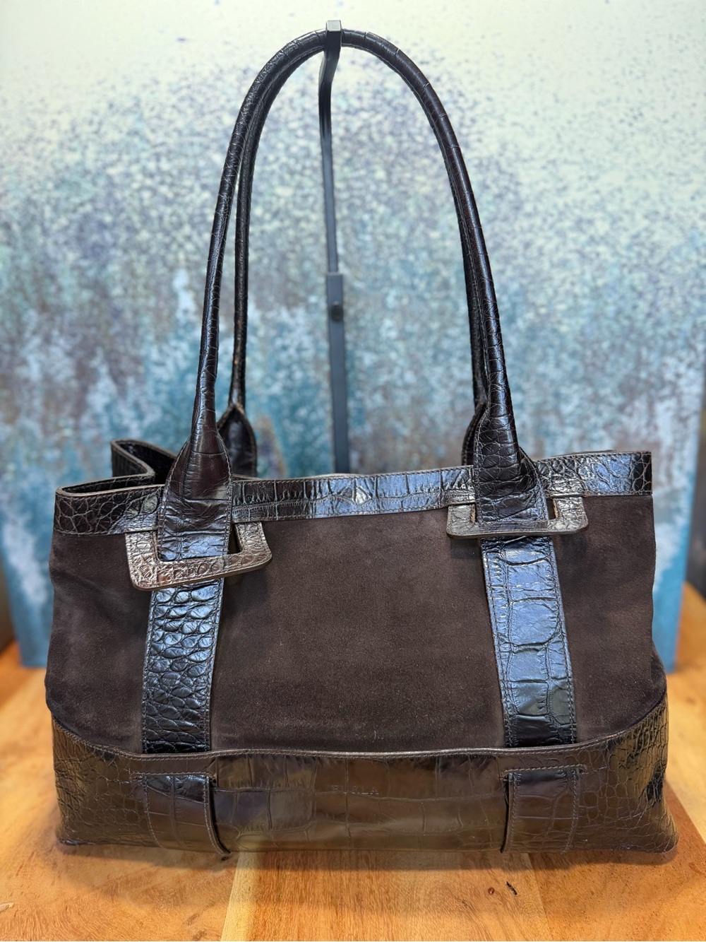 Furla Vintage Y2K Espresso Brown‎ Suede Croc Embossed Leather Tote